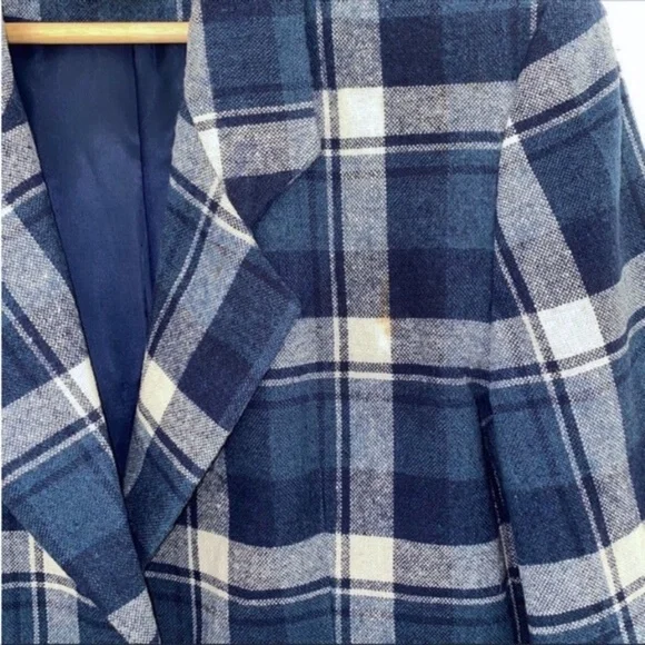 Vintage 90s Wool Blend Blue Plaid Jacket Medium - Picture 6 of 15